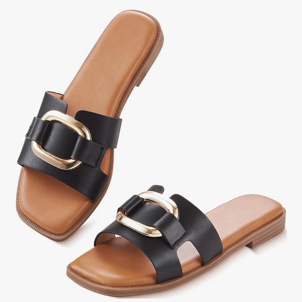 YTSKJ Black & Gold Slide Sandals Size 8 NIB Square Toe